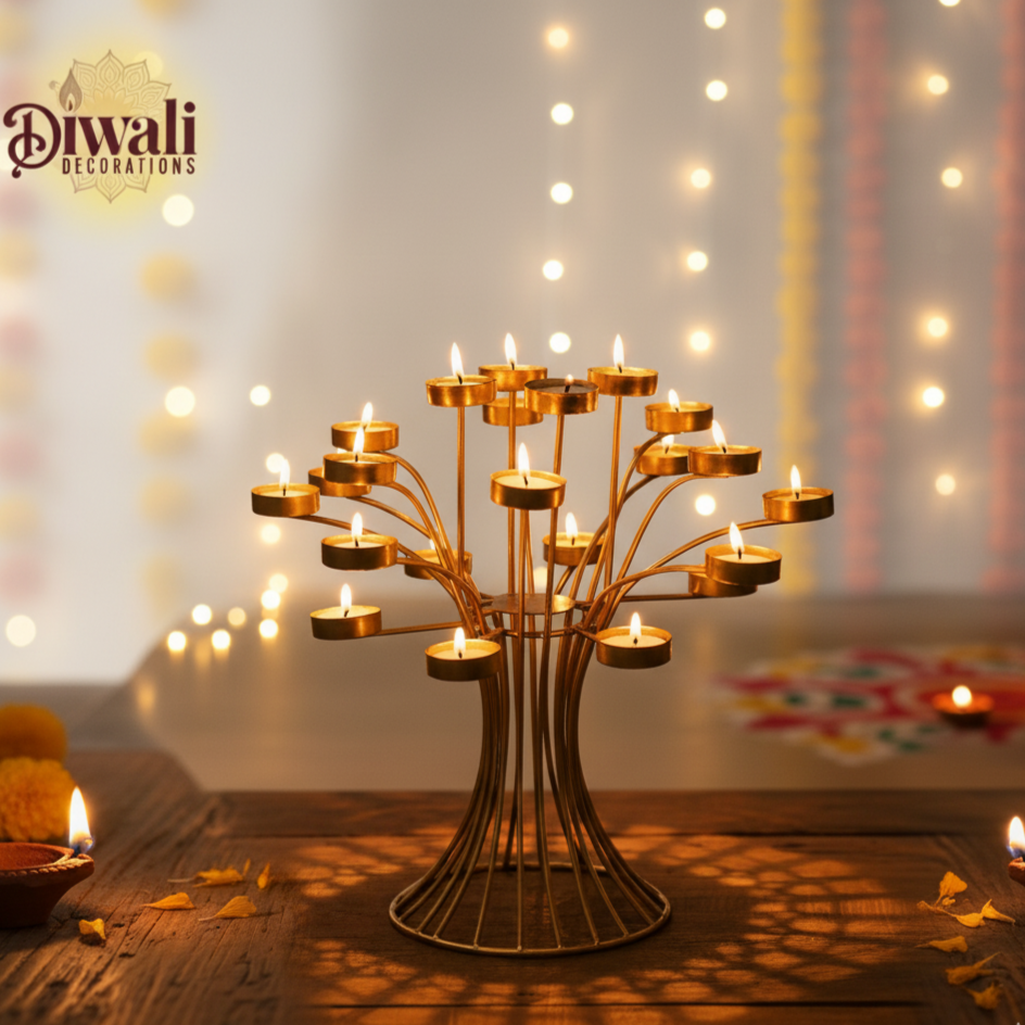 Tree Design Blooming 16 Tealight Candle Holder – Golden Metal Candle/Diya Stand