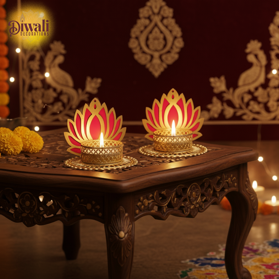 Handmade Lotus Tealight Candle Holders – Gold Design (Set of 2, Multicolor)