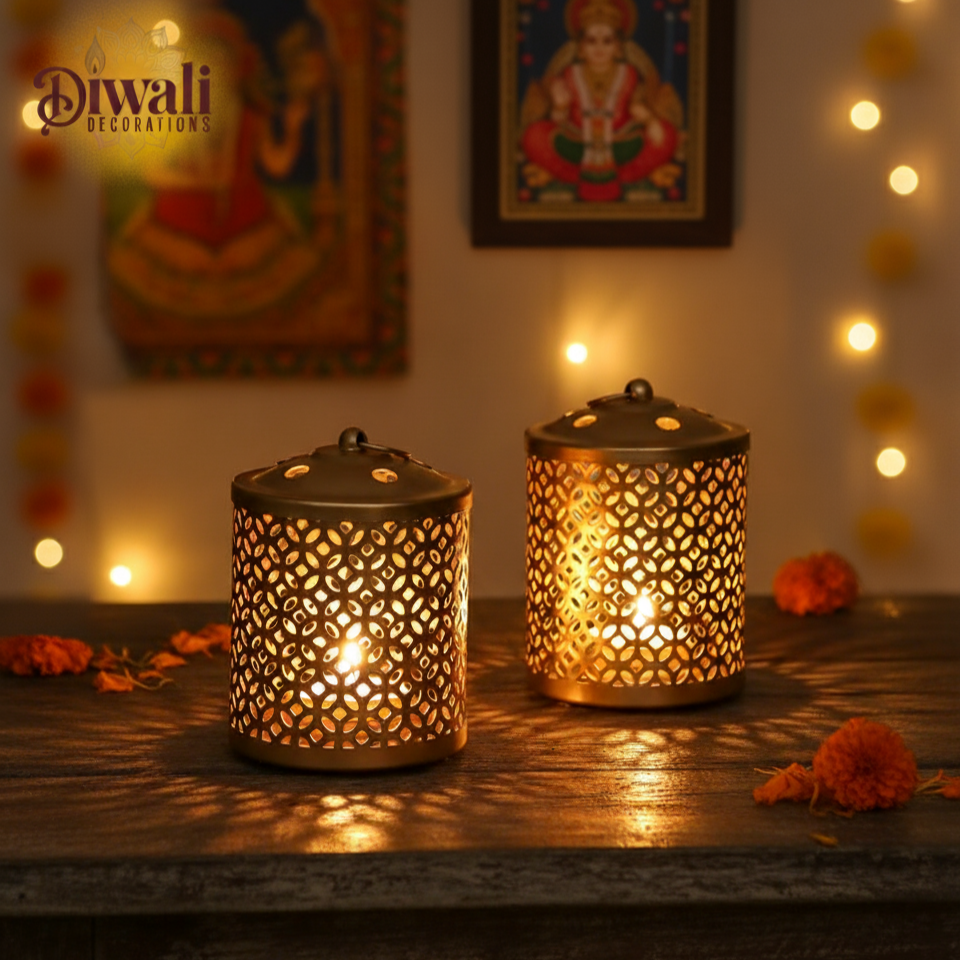 Vintage Gold Metal Tea-Light Lanterns (Set of 2)- Diwali Decorations