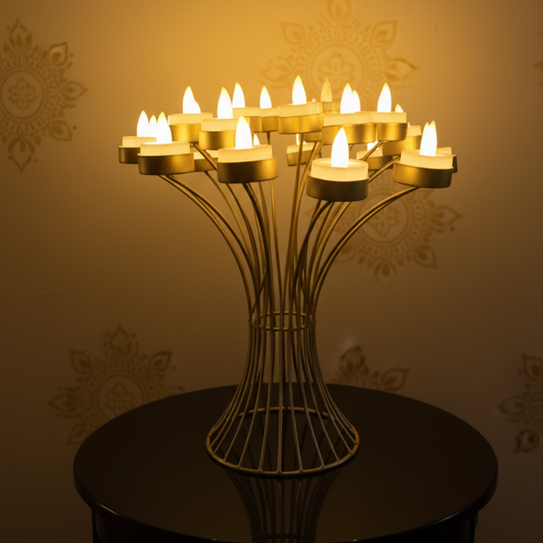 Tree Design Blooming 16 Tealight Candle Holder – Golden Metal Candle/Diya Stand