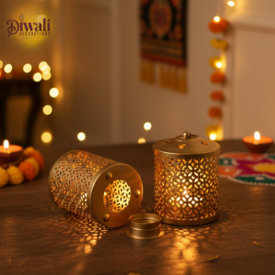 Vintage Gold Metal Tea-Light Lanterns (Set of 2)- Diwali Decorations