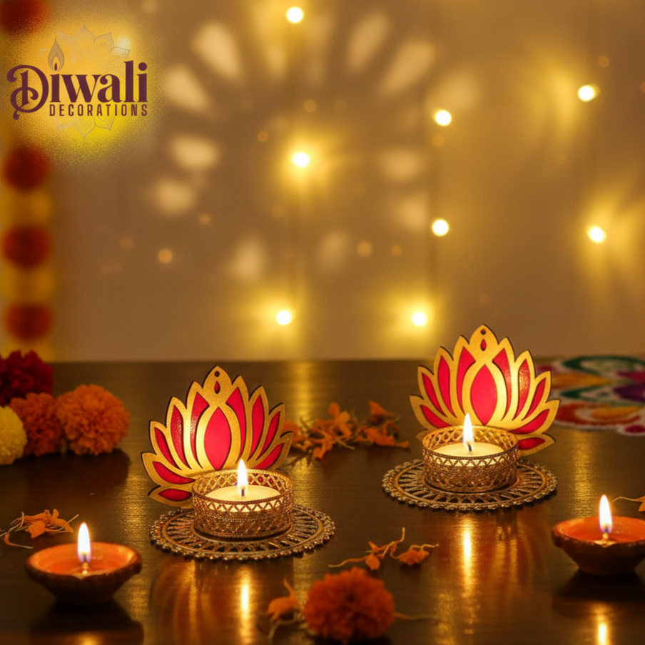 Handmade Lotus Tealight Candle Holders – Gold Design (Set of 2, Multicolor)