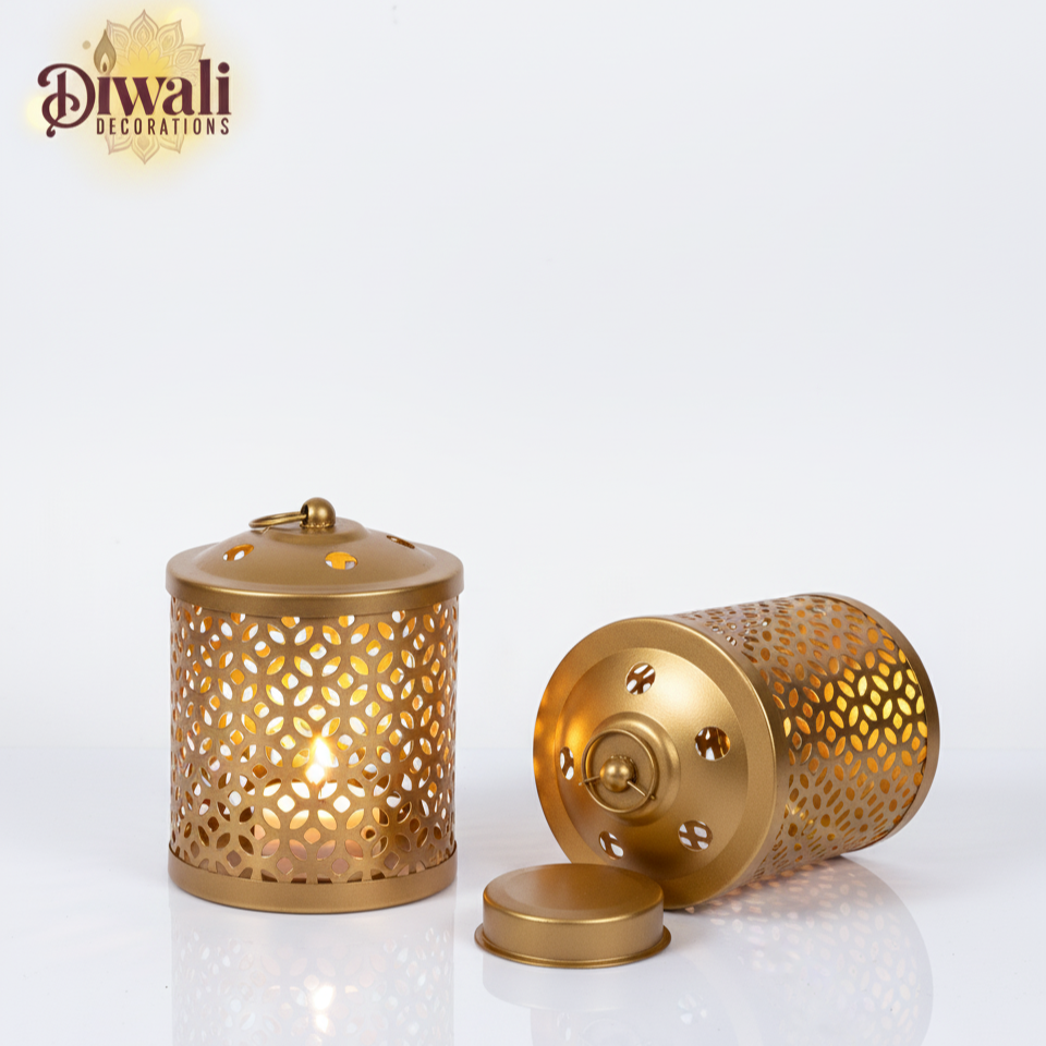 Vintage Gold Metal Tea-Light Lanterns (Set of 2)- Diwali Decorations