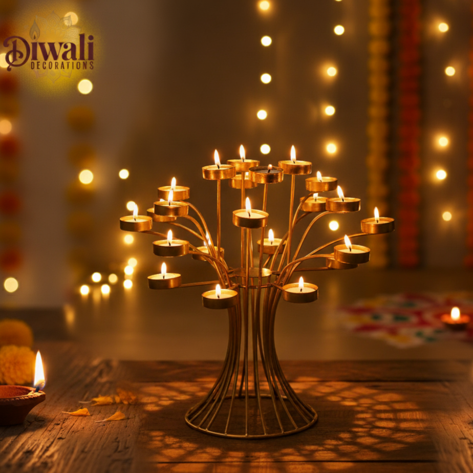 Tree Design Blooming 16 Tealight Candle Holder – Golden Metal Candle/Diya Stand