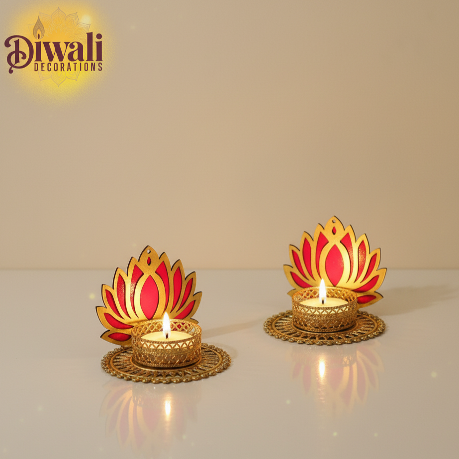 Handmade Lotus Tealight Candle Holders – Gold Design (Set of 2, Multicolor)